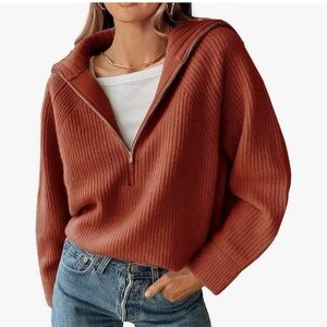 BTFBM - Cozy Quarter Zip Sweater with Thick Collar - Rust Orange - Women’s - M